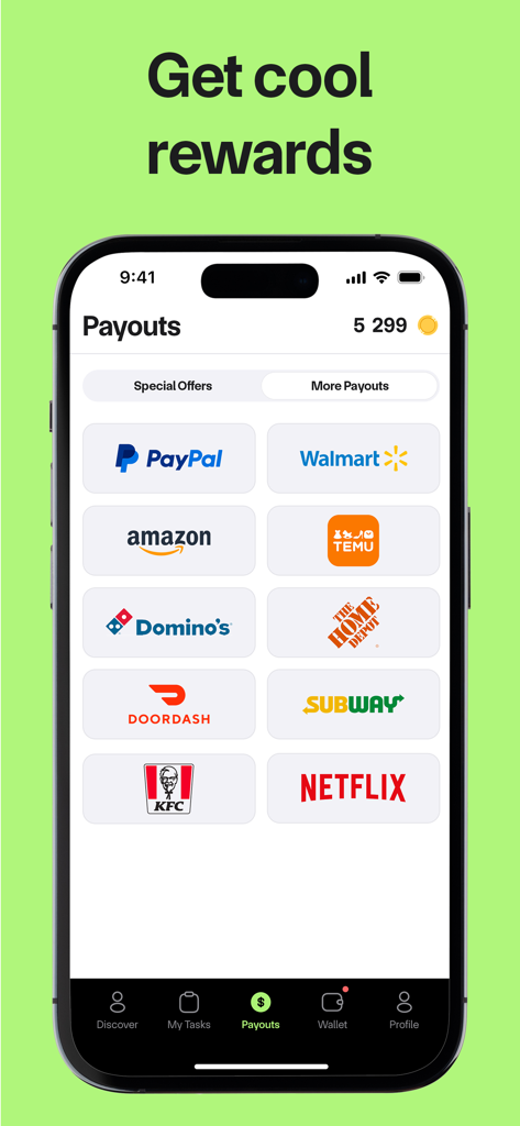 Test em All app screen showing various payout options like PayPal and gift cards