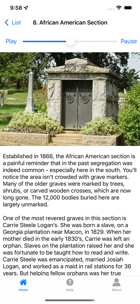 Atlanta's Oakland Cemetery - App interface showing historical details and a photo of the African American section in Atlanta Oakland Cemetery.