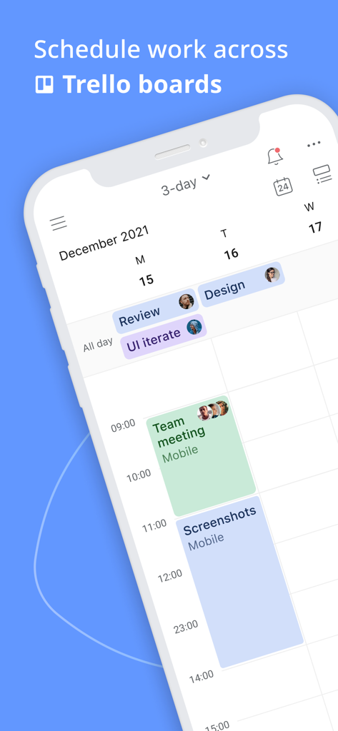Planyway: Calendar‬ for Trello - Planyway mobile app interface showing a three day calendar view for Trello project tasks