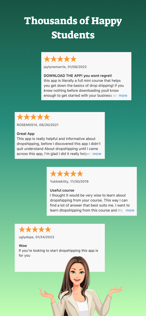 Dropshipping Full Course - A collection of five-star user reviews and testimonials for the Dropshipping Full Course mobile app.