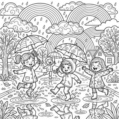 Dive into a cheerful scene where happy children splash in puddles under bright rainbows on a rainy day. This delightful coloring page is perfect for kids to bring vibrant colors to a gray day.