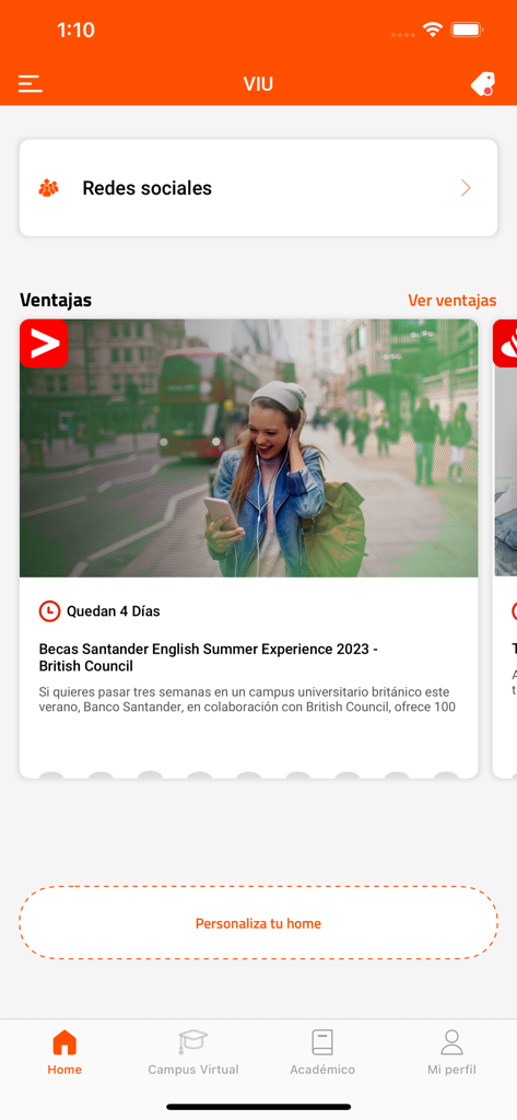 Pantalla de inicio de la aplicación VIU que muestra noticias sobre becas, enlaces a redes sociales y pestañas de navegación académica.