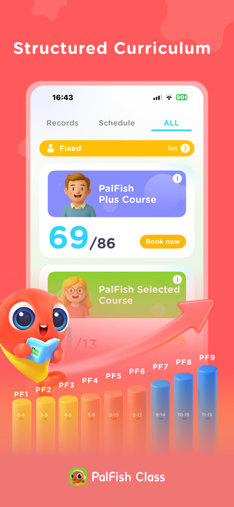PalFish Class app interface displaying a structured English curriculum with progress levels for children aged 3 to 15.