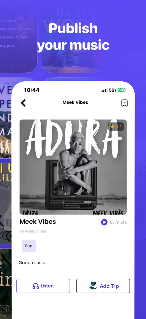 Soundbook Audio: Books & Music - Soundbook Audio app interface showing a music player screen with an add tip button for independent artists