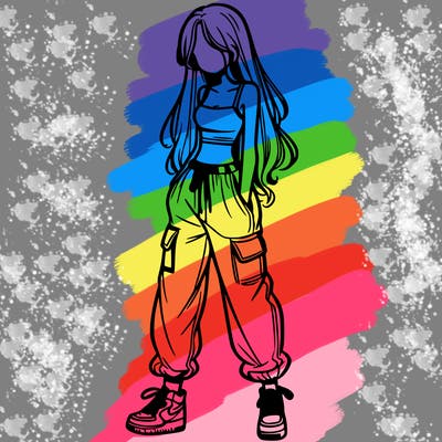 girl in baggy pants crop top and long hair