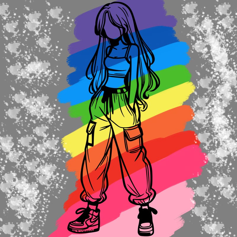 girl in baggy pants crop top and long hair