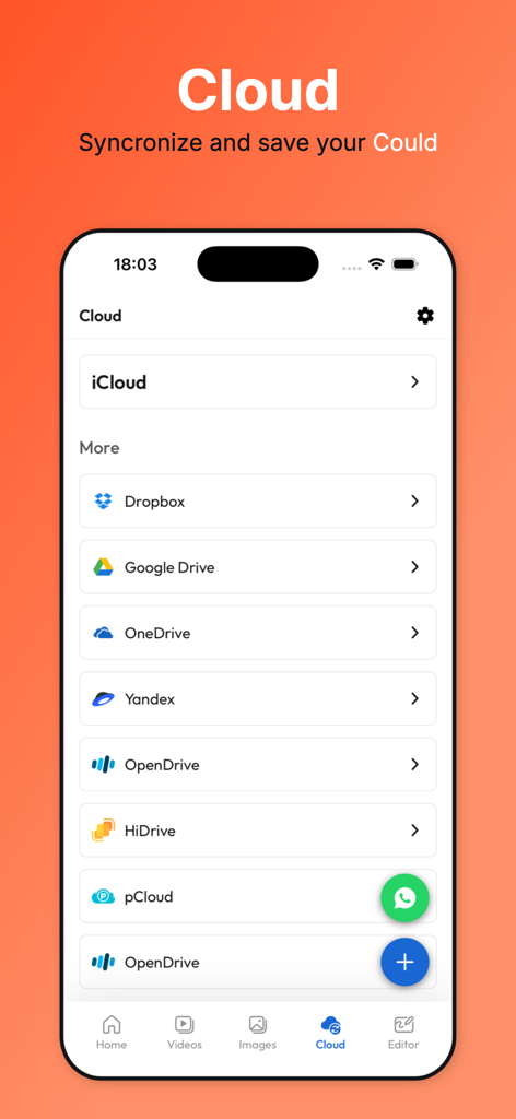 A mobile interface of the Video Saver app showing integrated cloud storage options like iCloud Dropbox and Google Drive