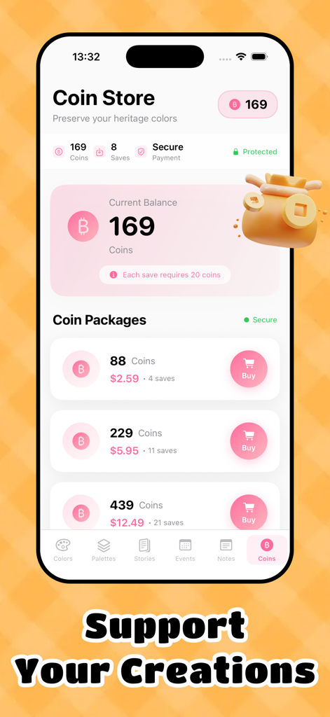 OMeet - Meet People Now & Chat - さまざまなコインパッケージと現在の残高を示すOMeetコインストアのモバイルアプリスクリーンショットで、文化遺産の作成をサポートします