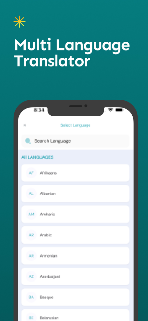 English Nepali Translator - A mobile interface showing a list of languages for translation including Afrikaans Albanian and Amharic