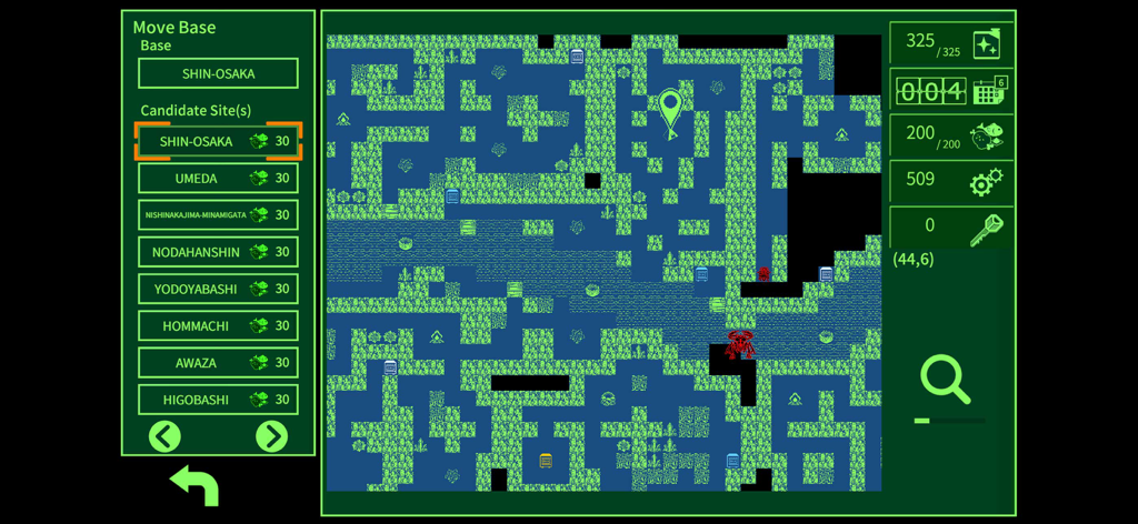 METRO QUESTER | OSAKA - Retro-style overhead world map in METRO QUESTER OSAKA showing movement sites and resources