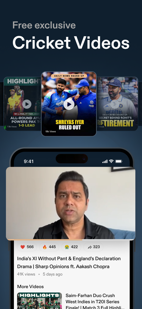 CREX - Just Cricket - Interface do aplicativo móvel do CREX mostrando vídeos exclusivos de críquete e destaques de especialistas