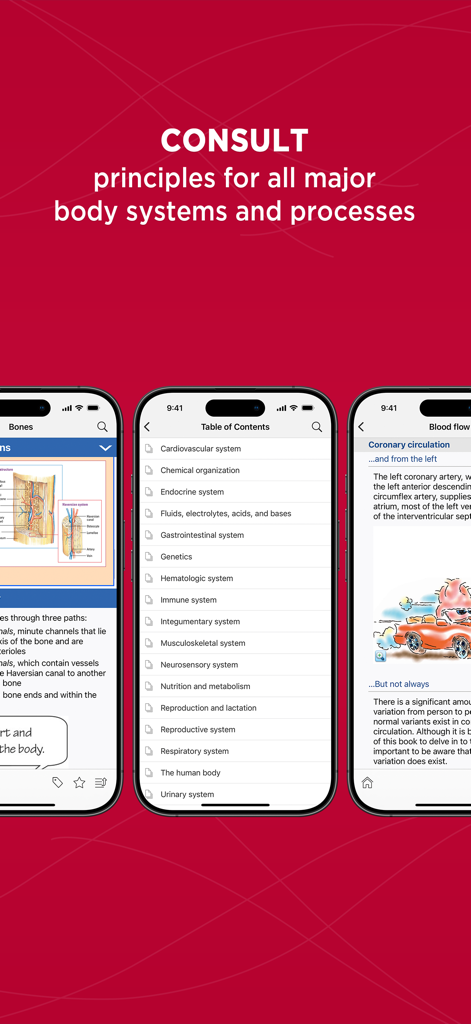 Anatomy and Physiology app screens showing the table of contents for body systems and anatomical illustrations on mobile phones