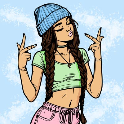 realistic teenage girl with braids and a beanie and crop top doing 🫶🏼
