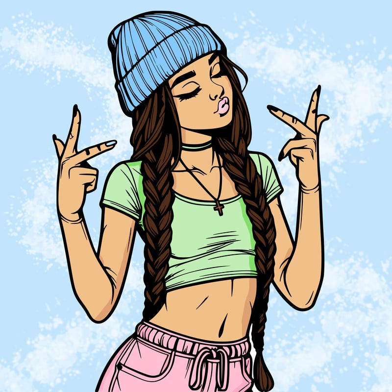 realistic teenage girl with braids and a beanie and crop top doing 🫶🏼