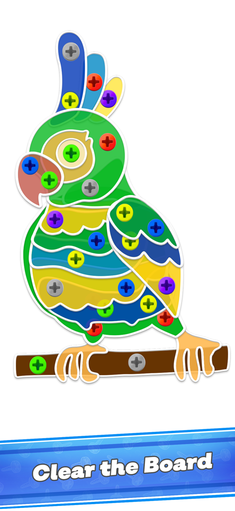 Screw Jam:  Puzzle Challenge - A vibrant parrot-shaped puzzle level in Screw Jam where layers are held together by colorful screws