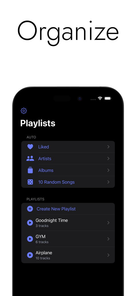 My Own Music - A smartphone screen showing the Playlists organization interface of the My Own Music app with auto-generated and custom categories.