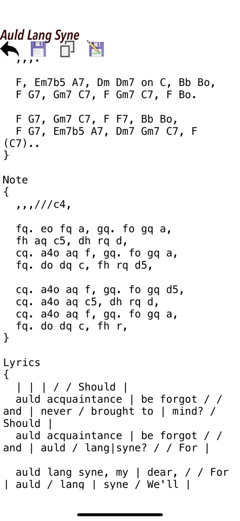 Text-based interface of Tritone Jazz displaying chords and lyrics for the song Auld Lang Syne