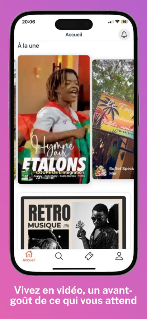 와가두구의 문화 행사 및 레스토랑 프로모션을 특징으로 하는 Sanbbiz 모바일 앱 홈 화면.