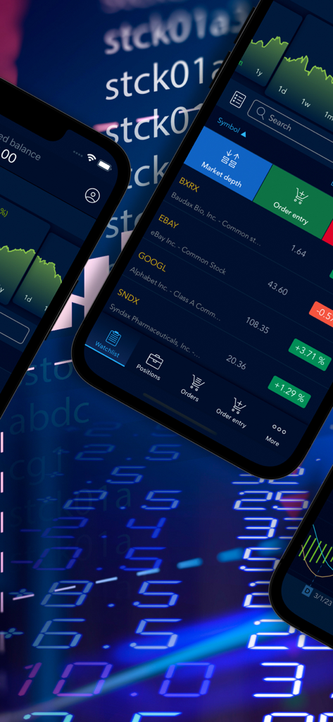 Eine mobile Anzeige der Tradoverse-App, die eine Aktien-Watchlist und eine Echtzeit-Marktdatensimulation zeigt.