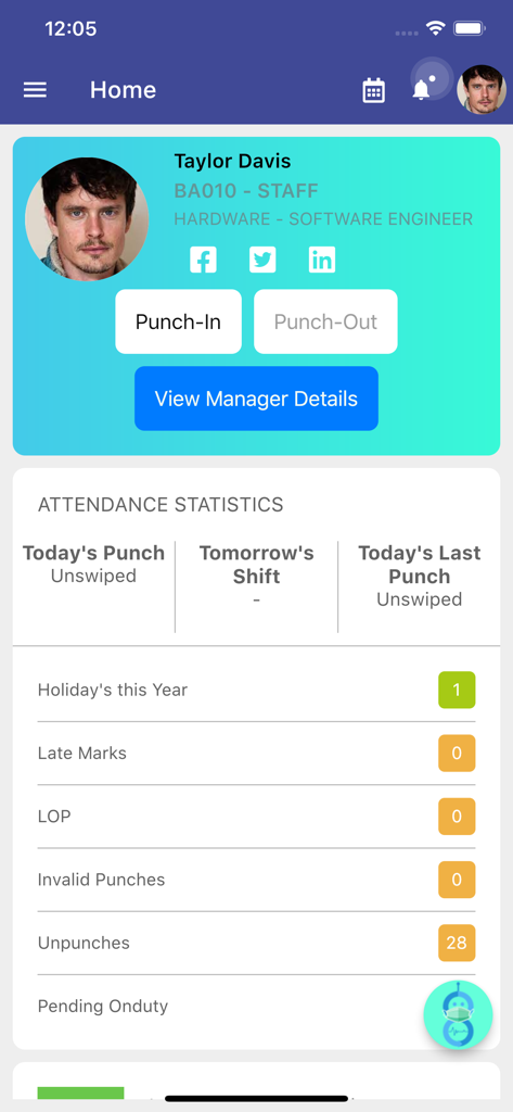 Pocket HRMS mobile app home screen showing employee profile attendance statistics and punch-in buttons.