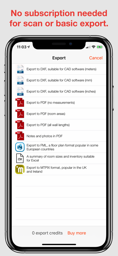RoomScan Classic - Tela de exportação do aplicativo RoomScan Classic mostrando vários formatos de arquivo, incluindo DXF e PDF