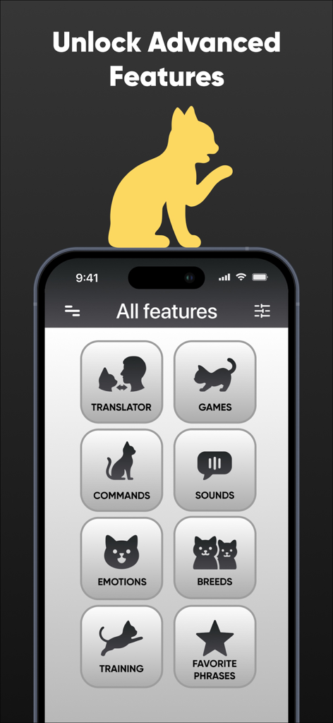 Tela do aplicativo NeowTalk mostrando recursos de tradutor, treinamento e som para gatos