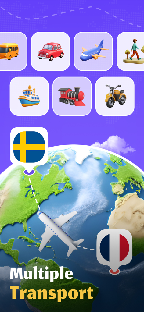 A selection of transport icons and a 3D globe showing a flight route between Sweden and France.