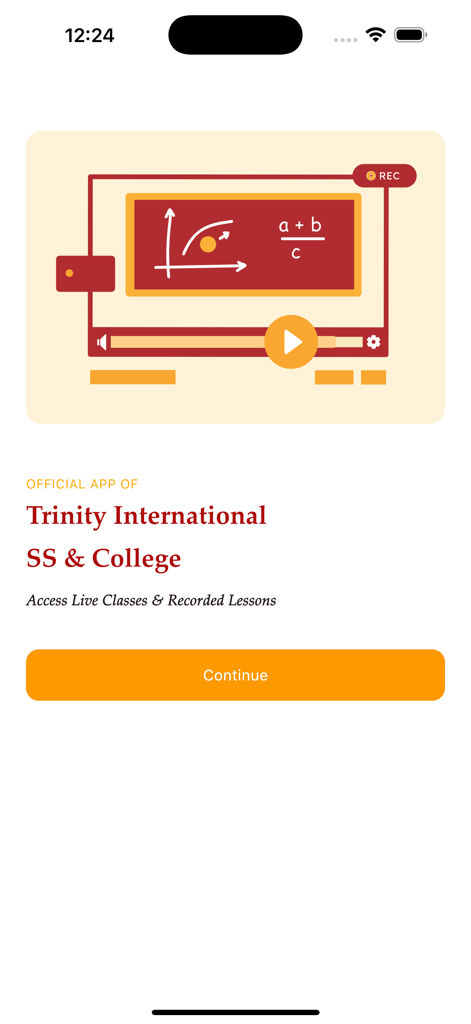 Trinity College App - Tela de boas-vindas do Trinity College App com acesso a videoaulas ao vivo e gravadas
