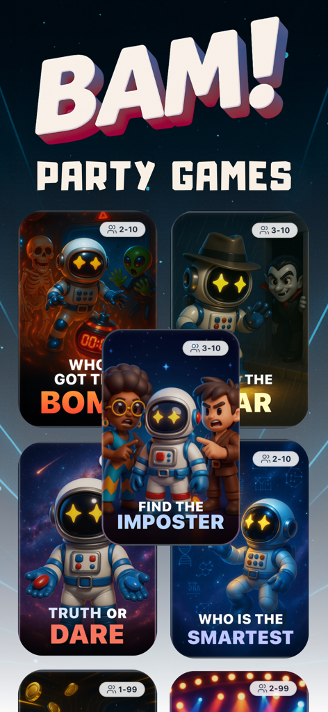 Imposter & Party Games - BAM! - Mobile app screen showing a selection of social party games including Find the Imposter and Truth or Dare