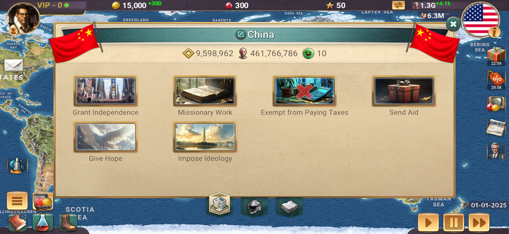 MA 3 – President Simulator - Gameplay-Screenshot von Modern Age 3 President Simulator, der diplomatische und ideologische Optionen für die Verwaltung Chinas zeigt