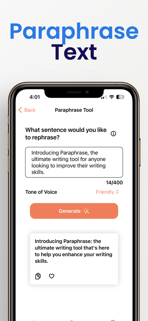 Undetectable AI° - Undetectable AI app interface showing the paraphrase tool with friendly tone selection and generated text output.
