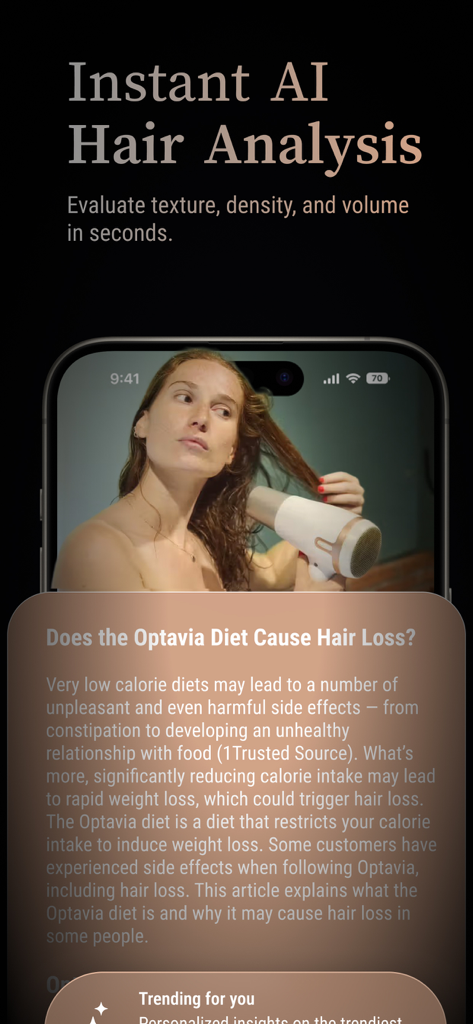Hairlytics: AI Hair Analysis - Hairlytics App-Oberfläche zeigt sofortige KI-Haaranalyse und Bildungsinhalte über Haargesundheit