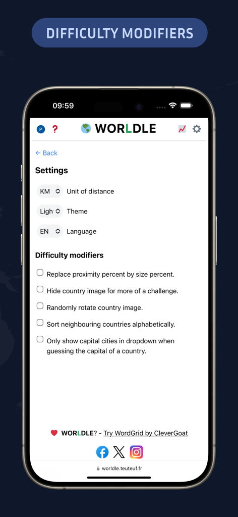 Worldle - Guess The Country! - Settings screen for Worldle app showing various difficulty modifiers and game preferences