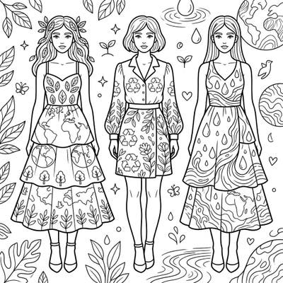Express your creativity and commitment to the planet with this stunning Earth Day womenswear coloring page. Discover beautiful fashion illustrations adorned with global patterns, recycling symbols, and natural motifs, perfect for mindful coloring.