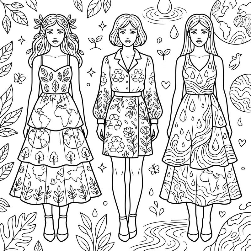 Express your creativity and commitment to the planet with this stunning Earth Day womenswear coloring page. Discover beautiful fashion illustrations adorned with global patterns, recycling symbols, and natural motifs, perfect for mindful coloring.