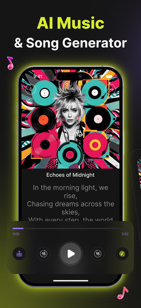 AI Song Generator & Music App - Interfaz de la app Generador de Canciones y Música IA que muestra un reproductor de música con letra de canción y controles de reproducción