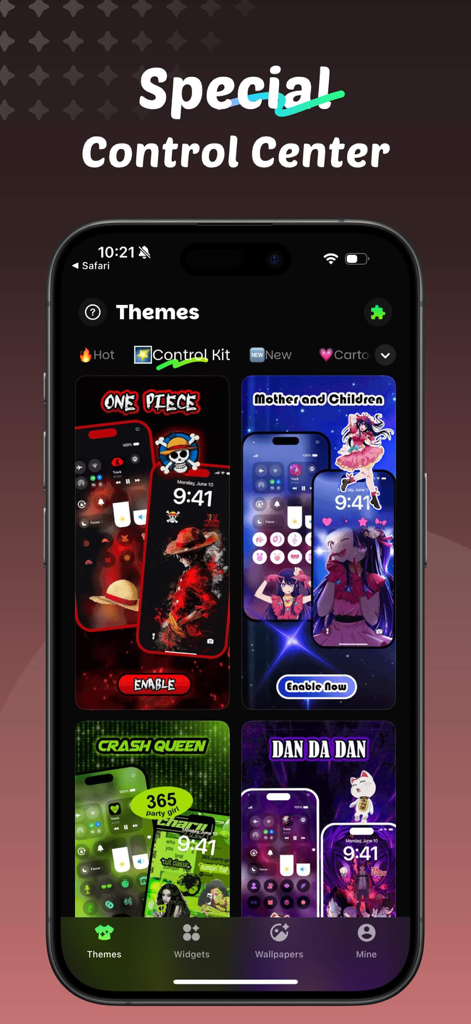 iThemes - Easy Widgets & Icons - Interfaccia dell'app iThemes che mostra opzioni di temi per il centro di controllo e la schermata di blocco in stile anime per iPhone