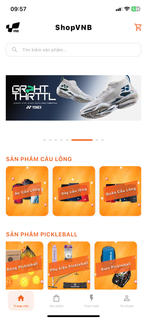 ShopVNB mobile app home screen showing badminton and pickleball product categories