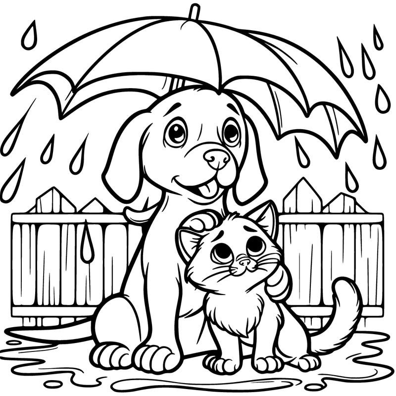 a realistic dog and cat protecting each other from a rain storm