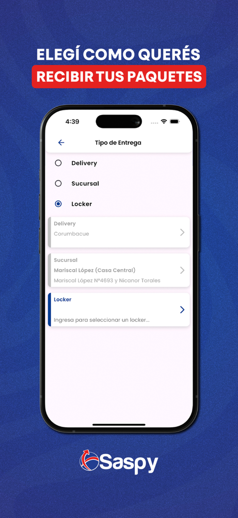 Saspy Express app screen showing delivery method selection for home delivery, branch pickup, or 24-hour locker