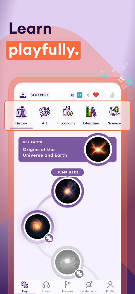 Interfaz de la aplicación Yuno que muestra un camino de aprendizaje gamificado sobre ciencia sobre los orígenes del universo.