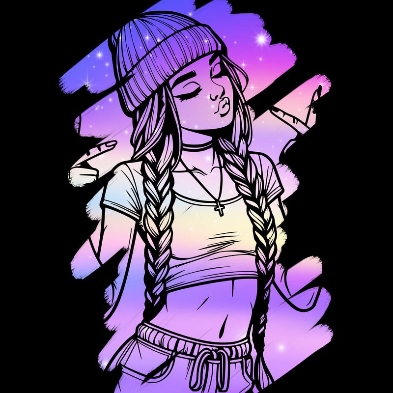 realistic teenage girl with braids and a beanie and crop top doing 🫶🏼