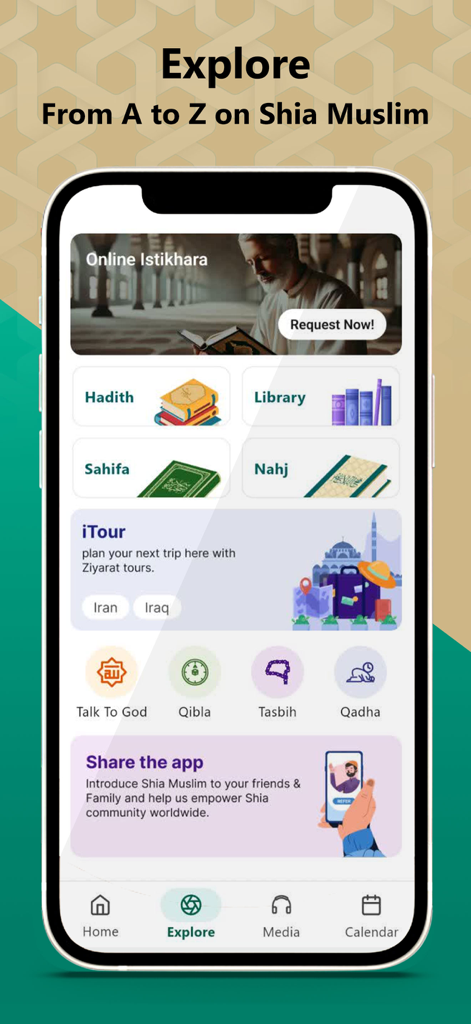 Explore screen of the Shia Muslim app featuring Online Istikhara, Islamic library, and Ziyarat tour planning.