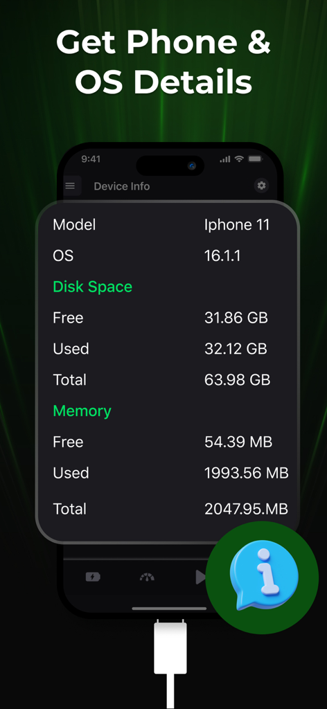 Battery Life Status, Saver - Screenshot of the Battery Life Status app displaying iPhone model OS version disk space and memory usage statistics