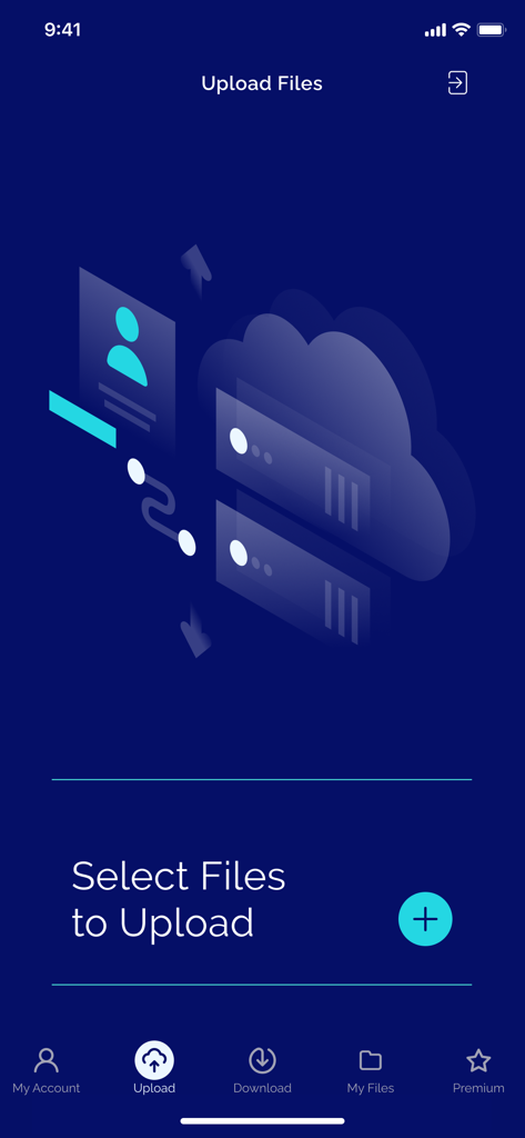 Pantalla de carga de la aplicación Zeus File Manager con una ilustración de la nube y un botón para seleccionar archivos para almacenamiento en la nube.