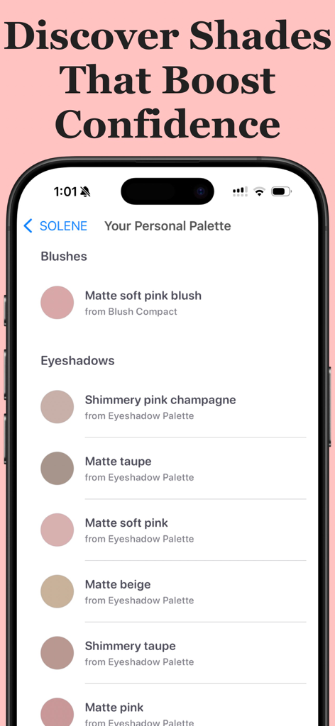 A screenshot of the Solene app showing a personal color palette with recommended blush and eyeshadow shades.