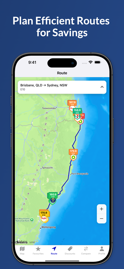 FuelRadar: Petrol Prices Map - FuelRadar app interface showing the route planner feature with fuel prices along a map route from Brisbane to Sydney