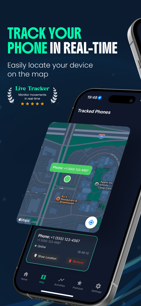 Pantalla de smartphone mostrando la función de rastreo en tiempo real de la aplicación GPS Location Phone Tracker con una interfaz de mapa.