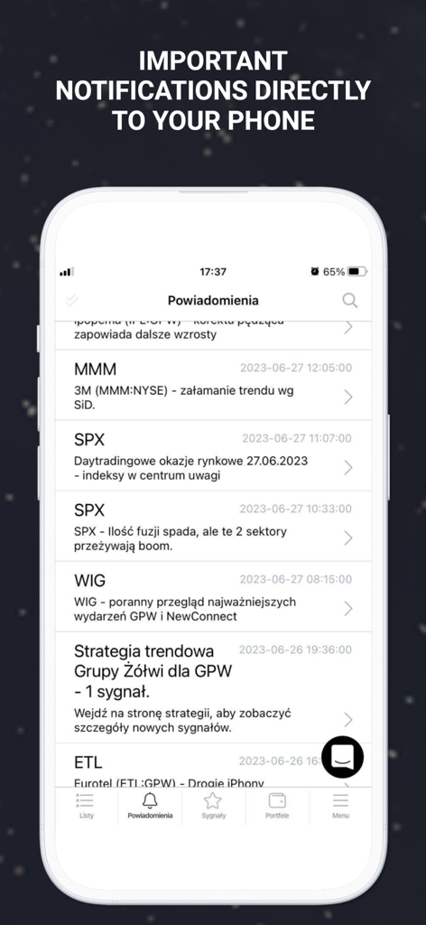 Una pantalla de teléfono inteligente que muestra una lista de importantes notificaciones del mercado de valores y de trading dentro de la aplicación Squaber.