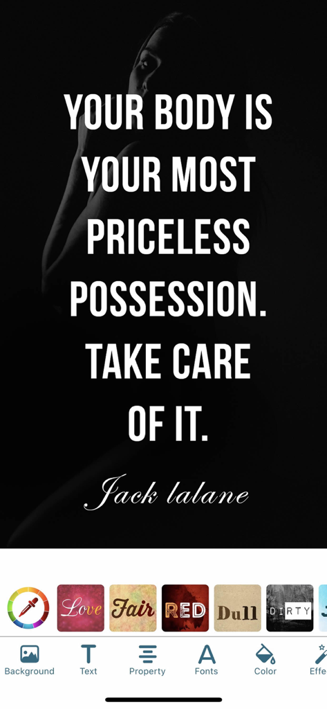 Quotes Creator - Quote Maker - Quotes Creator app interface displaying a motivational health quote over a dark silhouette with editing tools below.